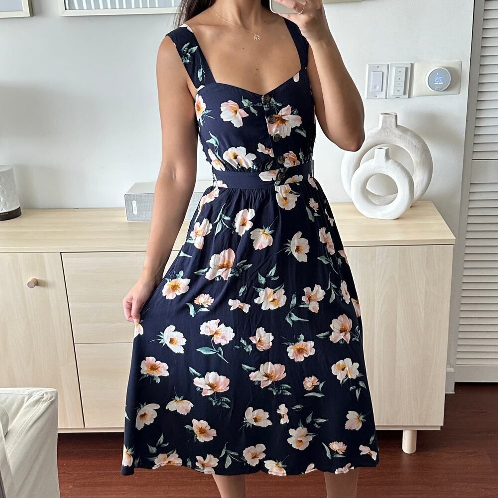NEW Reformation Dress Floral Lanai Navy Blue Floral Cutout Back Midi Dress XS - Picture 3 of 13